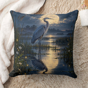 Moonlit Blue Heron Wetland Fireflies Night Scene Cushion