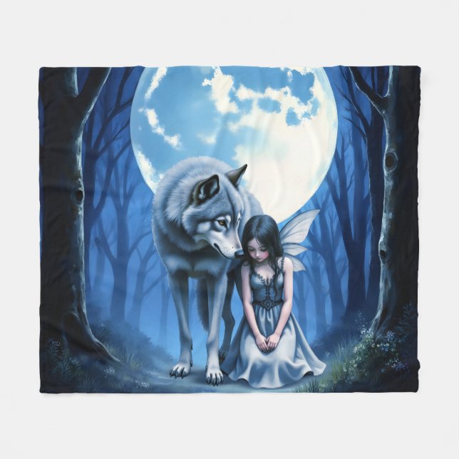 Moonlit Bond – The Wolf and the Gothic Fairy.   Fleece Blanket (Front (Horizontal))