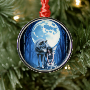 Moonlit Bond – The Wolf and the Gothic Fairy. Metal Tree Decoration