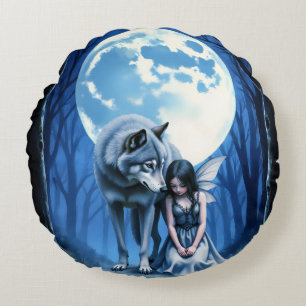 Moonlit Bond – The Wolf and the Gothic Fairy. Round Cushion