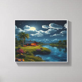 Moonlit Cabin by the River – Nature Wall Art