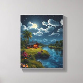 Moonlit Cabin by the River – Nature Wall Art