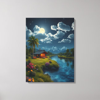 Moonlit Cabin by the River – Nature Wall Art.  Canvas Print