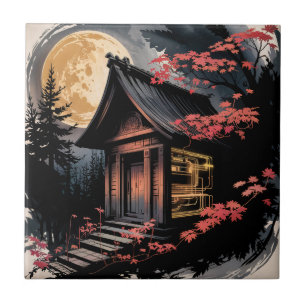 Moonlit Cabin Japanese Forest Art (10) Tile