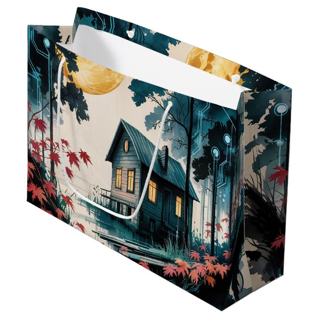 Moonlit Cabin Japanese Forest Art (1) Large Gift Bag (Front Angled)