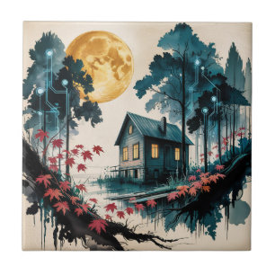 Moonlit Cabin Japanese Forest Art (1) Tile