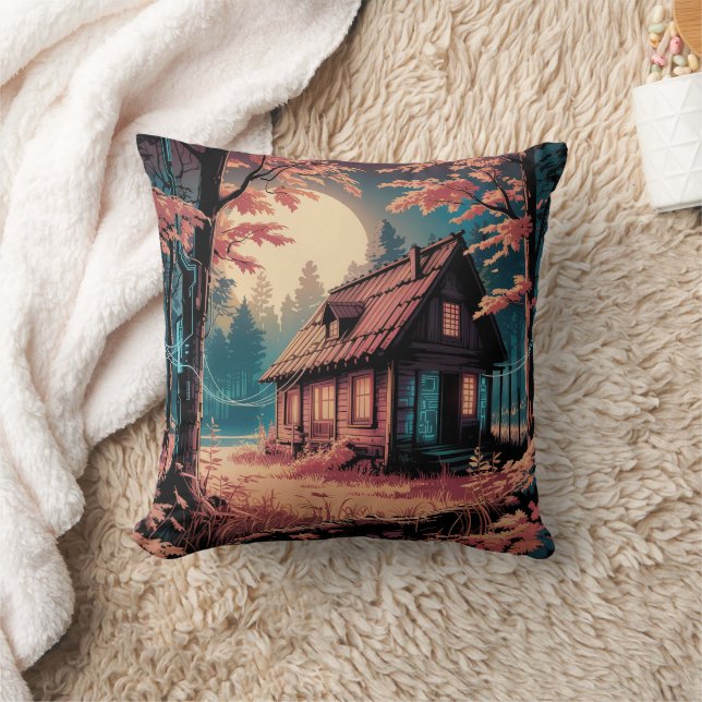 Moonlit Cabin Japanese Forest Art (2) Cushion (Blanket)