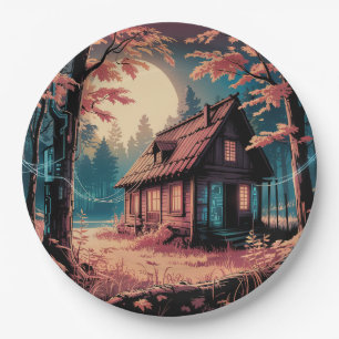 Moonlit Cabin Japanese Forest Art (2) Paper Plate