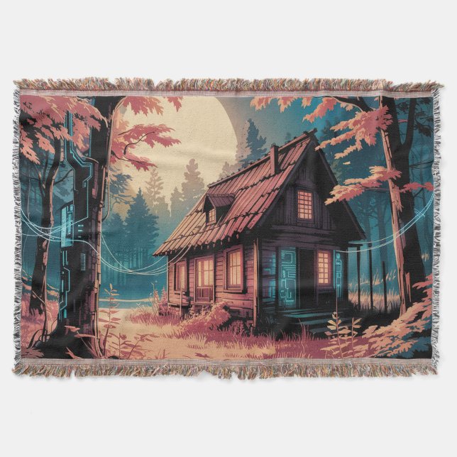 Moonlit Cabin Japanese Forest Art (2) Throw Blanket (Front)