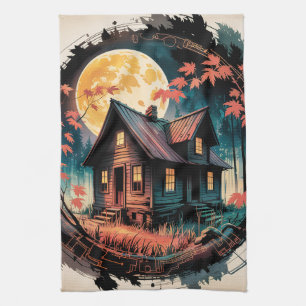 Moonlit Cabin Japanese Forest Art (3) Tea Towel