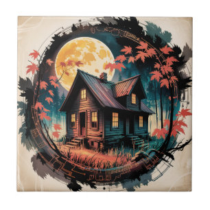 Moonlit Cabin Japanese Forest Art (3) Tile