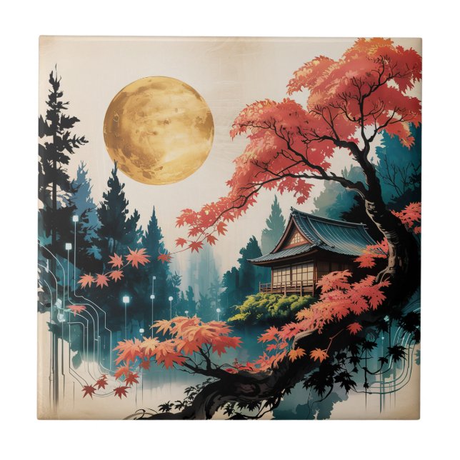 Moonlit Cabin Japanese Forest Art (4) Tile (Front)