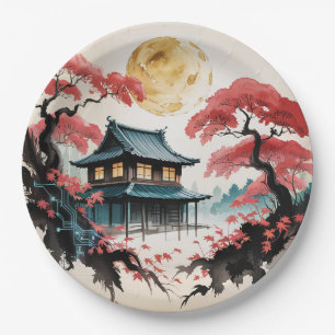 Moonlit Cabin Japanese Forest Art (5) Paper Plate