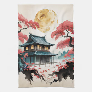 Moonlit Cabin Japanese Forest Art (5) Tea Towel