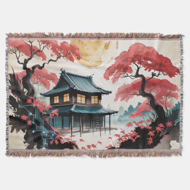 Moonlit Cabin Japanese Forest Art (5) Throw Blanket (Front)