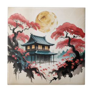 Moonlit Cabin Japanese Forest Art (5) Tile