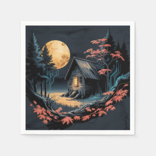 Moonlit Cabin Japanese Forest Art (6) Napkin