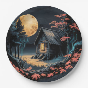 Moonlit Cabin Japanese Forest Art (6) Paper Plate