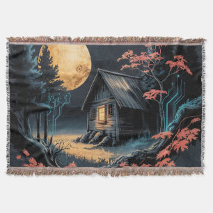 Moonlit Cabin Japanese Forest Art (6) Throw Blanket