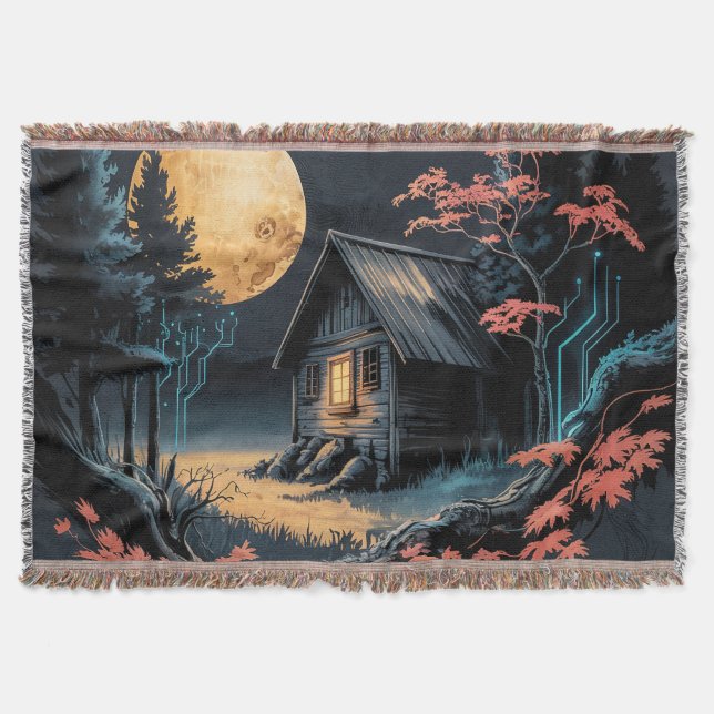 Moonlit Cabin Japanese Forest Art (6) Throw Blanket (Front)