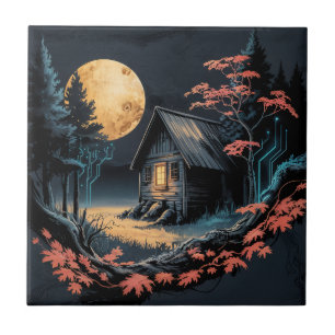 Moonlit Cabin Japanese Forest Art (6) Tile