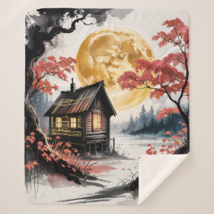 Moonlit Cabin Japanese Forest Art (7) Sherpa Blanket