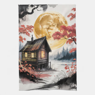 Moonlit Cabin Japanese Forest Art (7) Tea Towel