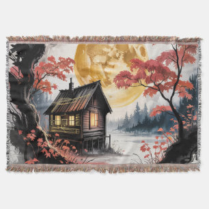 Moonlit Cabin Japanese Forest Art (7) Throw Blanket