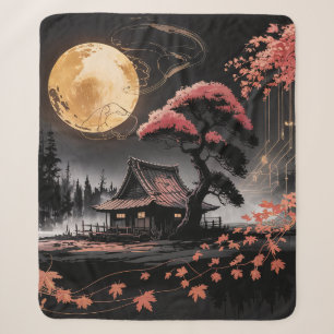 Moonlit Cabin Japanese Forest Art (8) Sherpa Blanket