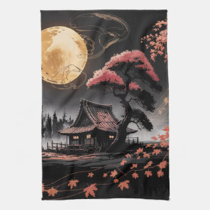 Moonlit Cabin Japanese Forest Art (8) Tea Towel