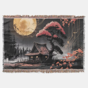 Moonlit Cabin Japanese Forest Art (8) Throw Blanket