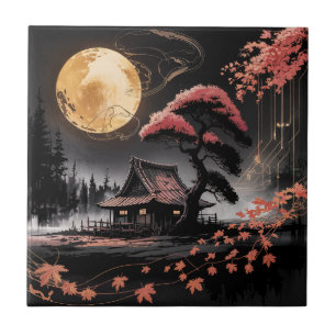 Moonlit Cabin Japanese Forest Art (8) Tile