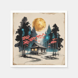 Moonlit Cabin Japanese Forest Art (9) Napkin