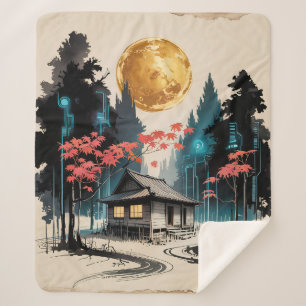 Moonlit Cabin Japanese Forest Art (9) Sherpa Blanket