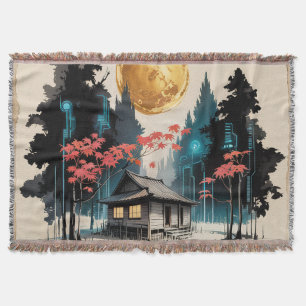 Moonlit Cabin Japanese Forest Art (9) Throw Blanket