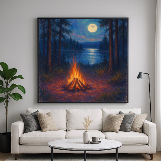 Moonlit Campfire Lake - Pastel Painting Style Art Poster (Creator Uploaded)