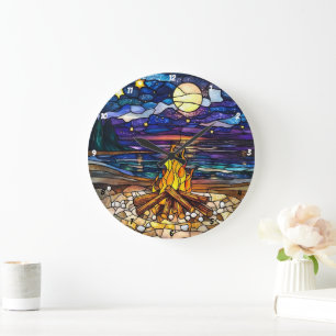 Moonlit Campfire Serenity Stained Glass Wall Large Clock