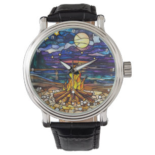 Moonlit Campfire Serenity Stained Glass Wall Watch