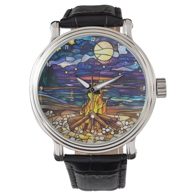 Moonlit Campfire Serenity Stained Glass Wall Watch (Front)