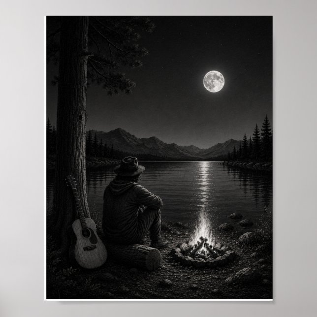 Moonlit Campfire Wanderer Black and White Poster (Front)