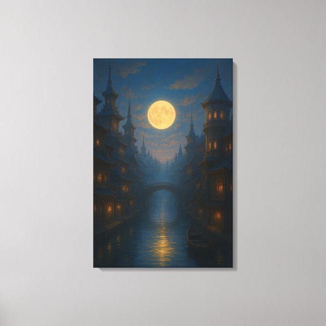 Moonlit Canal Serenity – Dreamscape Canvas Print (Front)