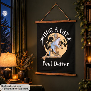 Moonlit Cat Hug Skeleton Comfort Humour Hanging Tapestry
