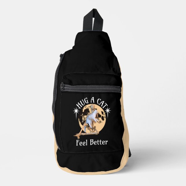 Moonlit Cat Hug Skeleton Comfort Humour Sling Bag (Front)