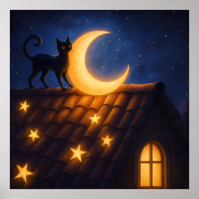 Moonlit Cat on Starry Rooftop Poster (Front)