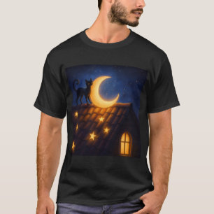 Moonlit Cat on Starry Rooftop T-Shirt