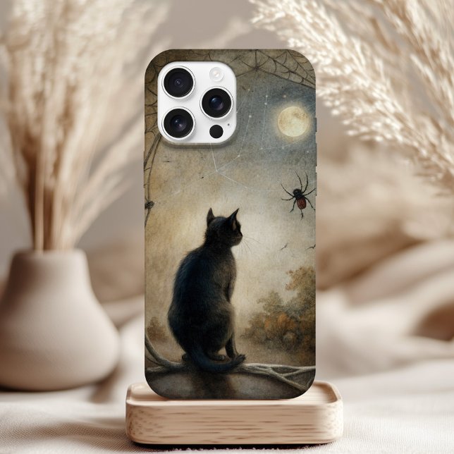 Moonlit Cat Phone Case – Mystical Familiar Design (Moonlit Cat Phone Case – Mystical Familiar Design on a table with neutral boho decor.)