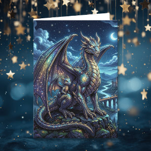 Moonlit Celestial Dragons   Happy Birthday Card