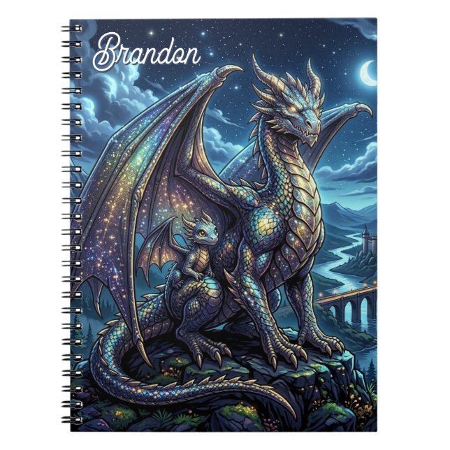 Moonlit Celestial Dragons Personalised Notebook (Front)