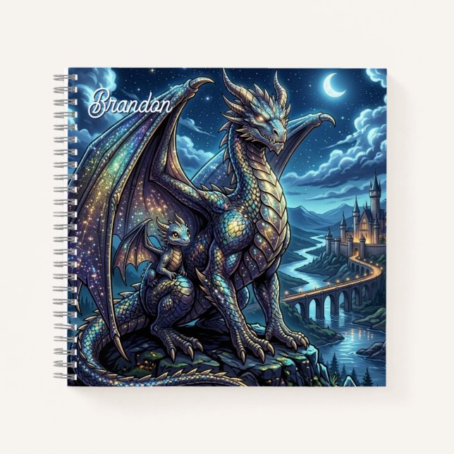 Moonlit Celestial Dragons Personalised Sketchbook Notebook (Front)