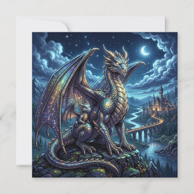 Moonlit Celestial Father and Son Dragons Blank Card (Front)